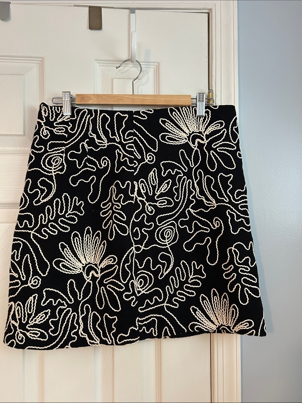 LOFT Black Mini Skirt with White Floral Embroidery